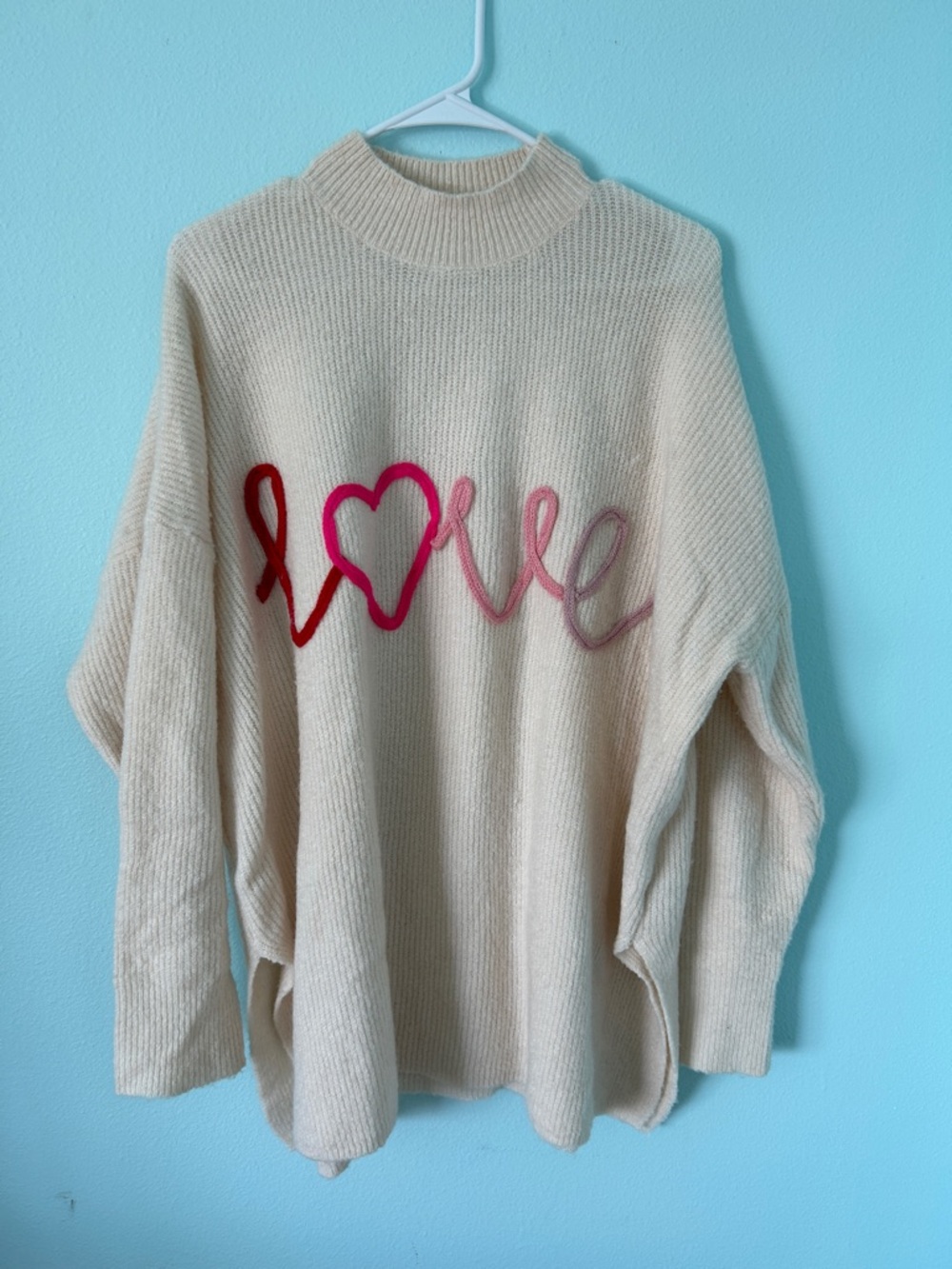 Cream 'Love' Embroidered oversized Crewneck Sweater